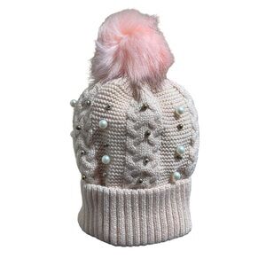 Pearl Encrusted Fleece Lined Knitted Hat With Pom-Pom Winter Outdoor Beanie